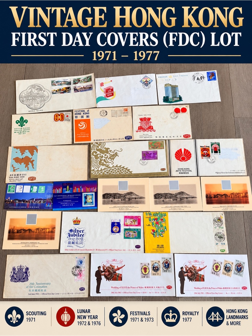 Vintage Hong Kong First Day Covers FDC Stamp Lot 1971–1977 Lunar New Year